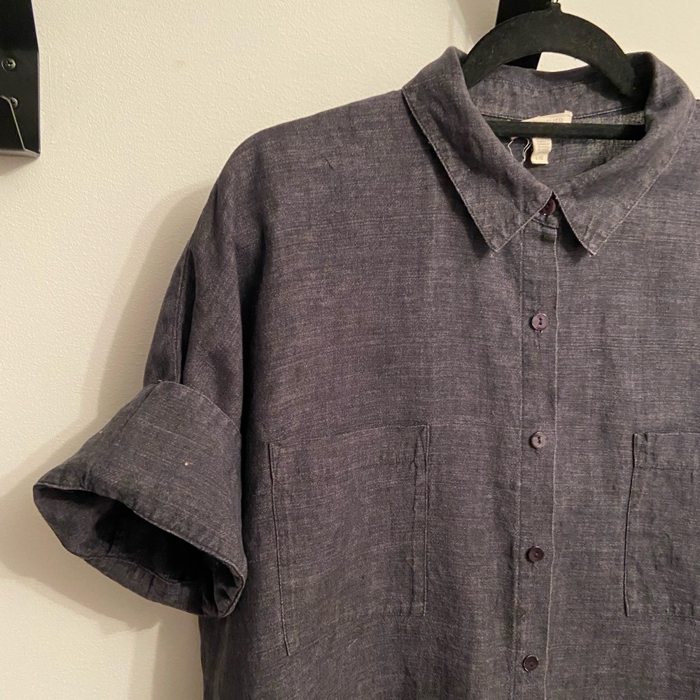 Eileen Fisher Charcoal-Blue Short sleeve shirt. 100% linen.